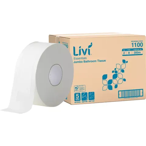 1100 Livi Essentials Jumbo Roll Bathroom Tissue 2 Ply 300m - Bdl 8