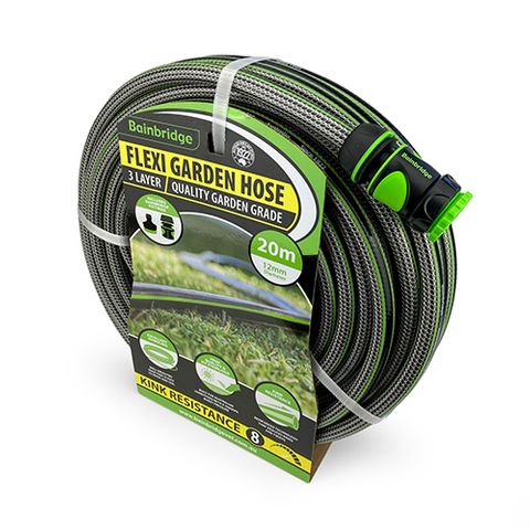 FLEXI GARDEN HOSE W FITTINGS - 3 LAYER - 12MM x 20M