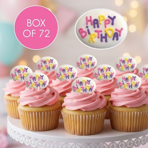 HAPPY BIRTHDAY PLACARDS PINK | SUGAR DECORATIONS | BOX OF 72