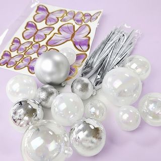 CLEAR, WHITE & SILVER | DECO BALL, FAN & BUTTERFLY TOPPER | 27 PC SET
