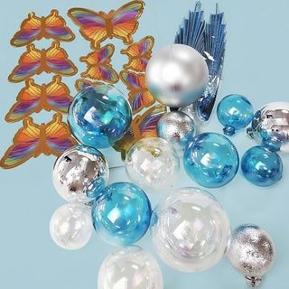 CLEAR, BLUE & SILVER | DECO BALL, FAN & BUTTERFLY TOPPER | 27 PC SET