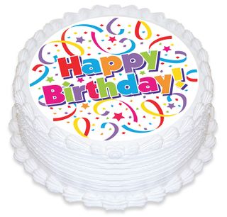 HAPPY BIRTHDAY STREAMERS ROUND EDIBLE ICING IMAGE - 6.3 INCH / 16CM