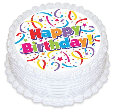 HAPPY BIRTHDAY STREAMERS ROUND EDIBLE ICING IMAGE - 6.3 INCH / 16CM