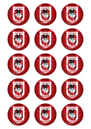 NRL ST GEORGE ILLAWARRA DRAGONS 2 INCH/5CM CUPCAKE IMAGE SHEET - 15 PER SHEET