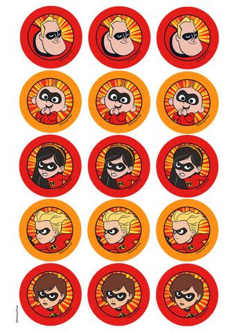 THE INCREDIBLES 2 INCH/5CM CUPCAKE IMAGE SHEET - 15 PER SHEET