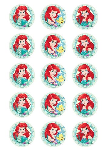 DISNEY PRINCESS - ARIEL 2 INCH/5CM CUPCAKE IMAGE SHEET - 15 PER SHEET