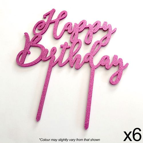 CAKE CRAFT | HAPPY BIRTHDAY | PINK GLITTER | ACRYLIC TOPPER | 6 PACK