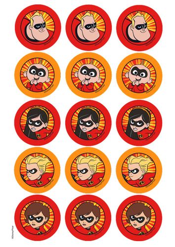 THE INCREDIBLES 2 INCH/5CM CUPCAKE IMAGE SHEET - 15 PER SHEET