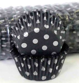 408 BAKING CUPS - BLACK/SILVER POLKA DOTS - 500 PIECE PACK