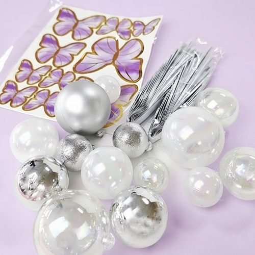 CLEAR, WHITE & SILVER | DECO BALL, FAN & BUTTERFLY TOPPER | 27 PC SET