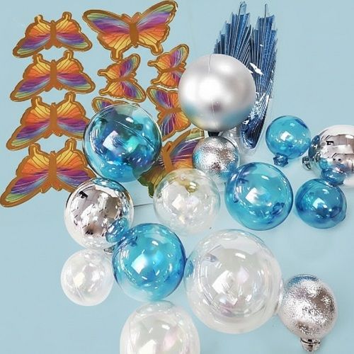 CLEAR, BLUE & SILVER | DECO BALL, FAN & BUTTERFLY TOPPER | 27 PC SET