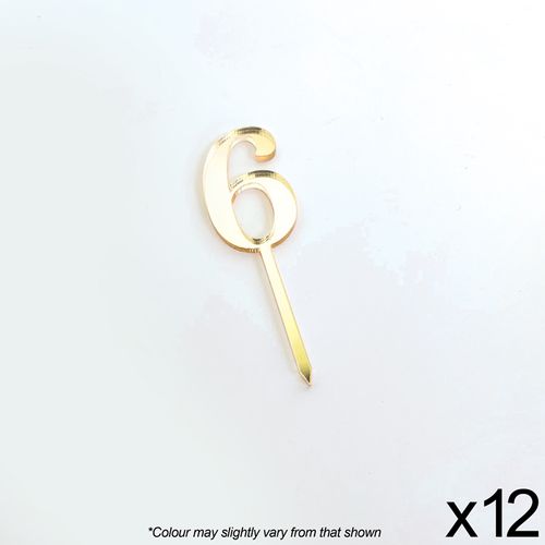 CAKE CRAFT | #6 | 3.5CM | GOLD MIRROR | ACRYLIC CUPCAKE TOPPER | 12 PACK