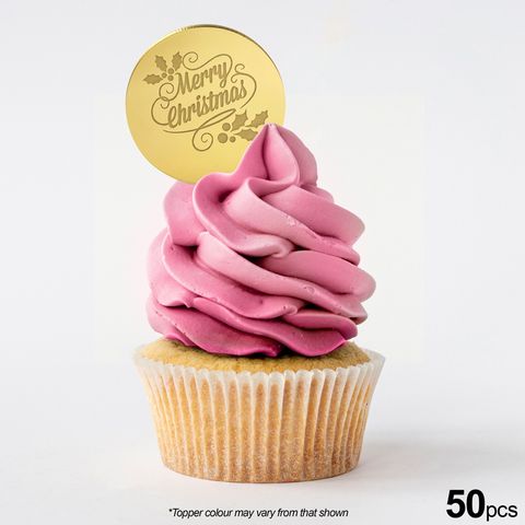 MERRY CHRISTMAS 2 ROUND | GOLD | MIRROR TOPPER | 50 PACK
