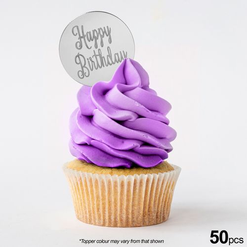 HAPPY BIRTHDAY ROUND | SILVER | MIRROR TOPPER | 50 PACK