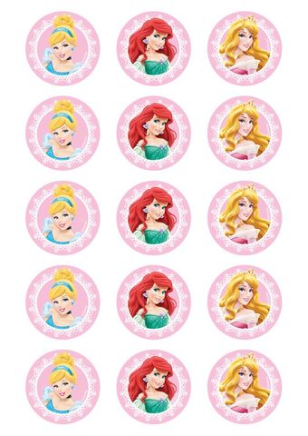 DISNEY PRINCESS - CINDERELLA, ARIEL, AURORA 2 INCH/5CM CUPCAKE IMAGE SHEET - 15 PER SHEET