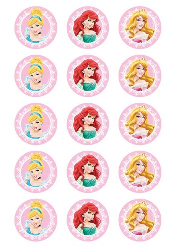 DISNEY PRINCESS - CINDERELLA, ARIEL, AURORA 2 INCH/5CM CUPCAKE IMAGE SHEET - 15 PER SHEET