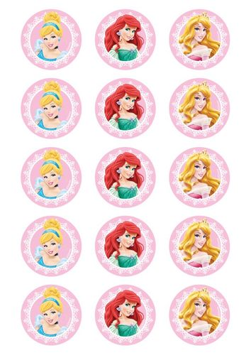 DISNEY PRINCESS - CINDERELLA, ARIEL, AURORA 2 INCH/5CM CUPCAKE IMAGE SHEET - 15 PER SHEET