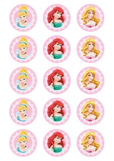 DISNEY PRINCESS - CINDERELLA, ARIEL, AURORA 2 INCH/5CM CUPCAKE IMAGE SHEET - 15 PER SHEET