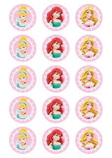 DISNEY PRINCESS - CINDERELLA, ARIEL, AURORA 2 INCH/5CM CUPCAKE IMAGE SHEET - 15 PER SHEET