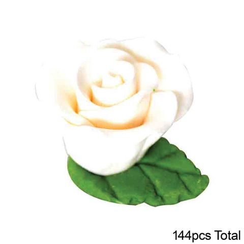 TINY WHITE ROSE AND LEAF | SUGAR FLOWERS | BOX OF 144 - BB 12/25