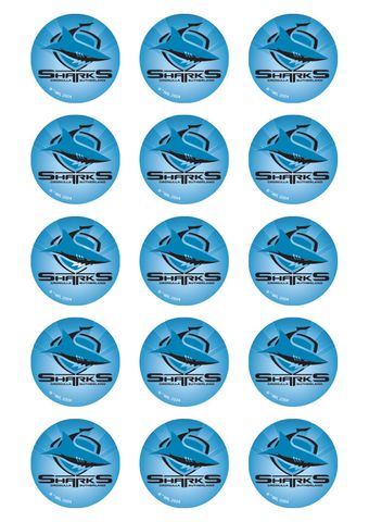 NRL CRONULLA SHARKS 2 INCH/5CM CUPCAKE IMAGE SHEET - 15 PER SHEET