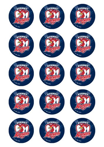 NRL SYDNEY ROOSTERS 2 INCH/5CM CUPCAKE IMAGE SHEET - 15 PER SHEET