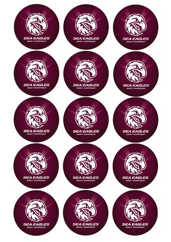 NRL MANLY WARRINGAH SEA EAGLES 2 INCH/5CM CUPCAKE IMAGE SHEET - 15 PER SHEET