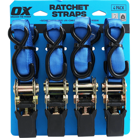 RATCHET TIE DOWN STRAP OX 25X4M 250KG LC (PK 4)