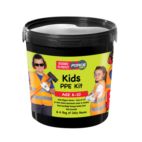 BUCKET PPE KIT KIDS 6-10 GLOVES GLASSES.VEST.EMUFF