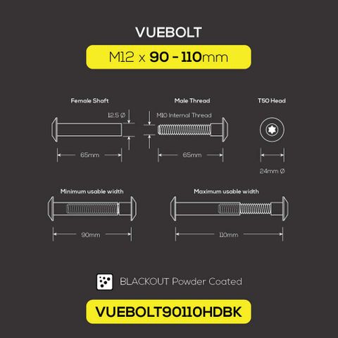 BOLT CONCEALED THREAD M12X90-110MM PK2 BLACKOUT