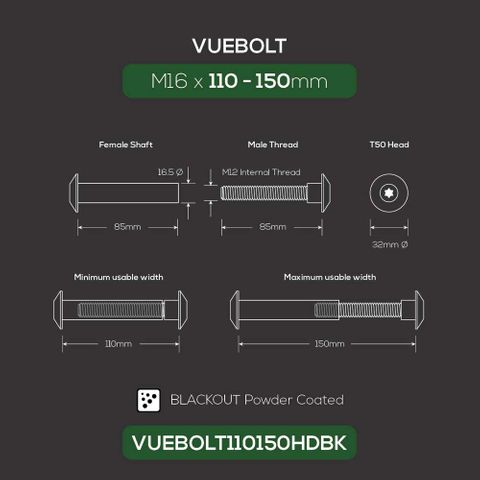 BOLT CONCEALED THREAD M16X110-150MM PK2 BLACKOUT