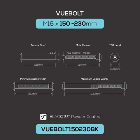 BOLT CONCEALED THREAD M16X150-230MM PK2 BLACKOUT