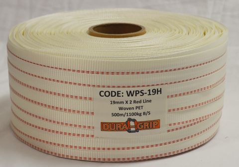 STRAP POLYESTER WOVEN WHITE+2RED 19X500MTR
