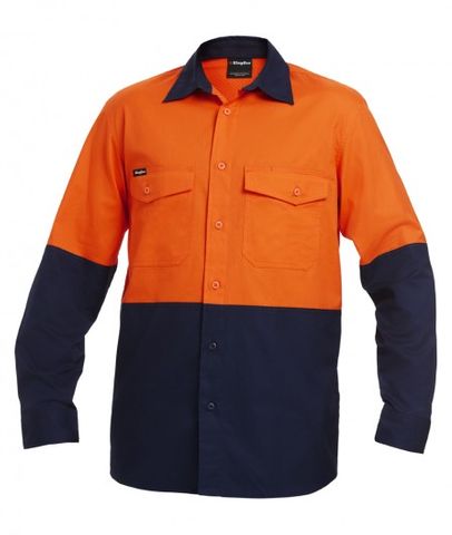 SHIRT KING GEE DRILL L/S ORN/NVY WORKCOOL SML