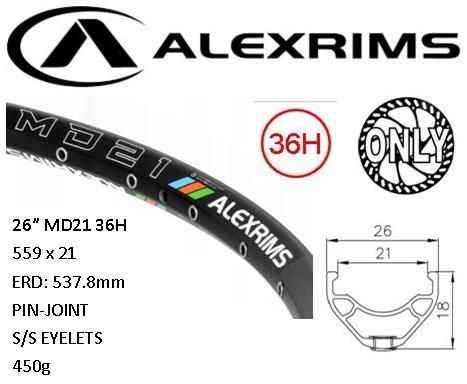 RIM 26" x 21mm - ALEX MD21 - 36H - (559 x 21) - Schrader Valve - Disc Brake - D/W - BLACK - Eyeleted - Tubeless Ready - (Requires AV tubeless valve)