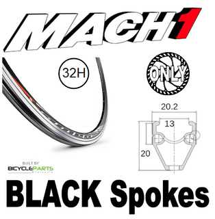 WHEEL - 700C Mach1 OMEGA CFX 32H S/j Black Rim,  FRONT DYNAMO Q/R (100mm OLD) 6 Bolt Disc Sealed SP Silver Hub,  Mach 1 BLACK Spokes