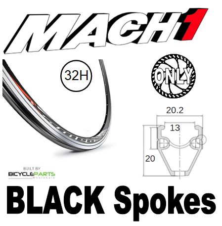 WHEEL - 700C Mach1 OMEGA CFX 32H S/j Black Rim,  FRONT DYNAMO 15mm T/A (100mm OLD) 6 Bolt Disc Sealed SP Black Hub,  Mach 1 BLACK Spokes