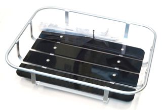 BASKET - Front, Tray Style, PLASTIC Slats on Alloy Frame, With Handle, SILVER, 50cm x 39cm x 8cm, Supplied With Fittings