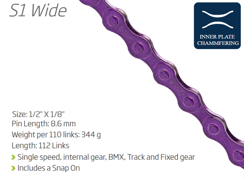 CHAIN - Single Speed - KMC S1 - 112L - PURPLE - w/Connect Link