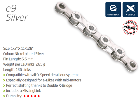 CHAIN - 9 Speed - KMC E9 - 136L - SILVER - w/Connect Link - EXTRA LONG - (Ebike Chain, higher pin power for e-Bike torque)