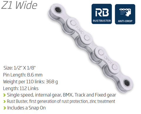 CHAIN - Single Speed - KMC Z1 - 112L - GREY - Rust Buster - w/Connect Link