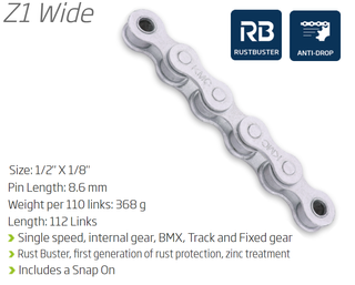 CHAIN - Single Speed - KMC Z1 - 112L - GREY - Rust Buster - w/Connect Link