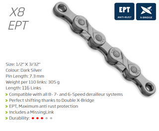 CHAIN - 8 Speed - KMC X8 EPT - 116L - SILVER - EcoPro TeQ Coating - w/Connect Link