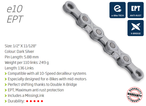 CHAIN - 10 Speed - KMC E10 EPT - 136L - DARK SILVER - EcoPro TeQ Coating - w/Connect Link - EXTRA LONG - (Ebike Chain, higher pin power for e-Bike torque)