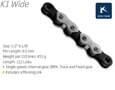 CHAIN - Single Speed - KMC K1 - 112L - SILVER/BLACK - w/Connect Link, 1/2" x 1/8" x 112L