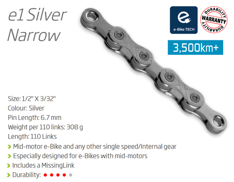 CHAIN - Single Speed - KMC E1 - 110L - SILVER - w/Connect Link - (Ebike Chain, higher pin power for e-Bike torque)