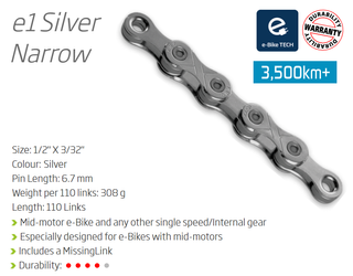 CHAIN - Single Speed - KMC E1 - 110L - SILVER - w/Connect Link - (Ebike Chain, higher pin power for e-Bike torque)