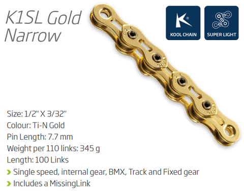 CHAIN - Single Speed - KMC K1SL - 112L - Ti-N GOLD - w/Connect Link