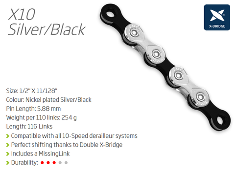 CHAIN - 10 Speed - KMC X10 - 116L - SILVER/BLACK - X-Series - w/Connect Link