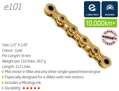CHAIN - Single Speed - KMC E101 - 112L - GOLD - w/Connect Link - (Ebike Chain, higher pin power for e-Bike torque)
